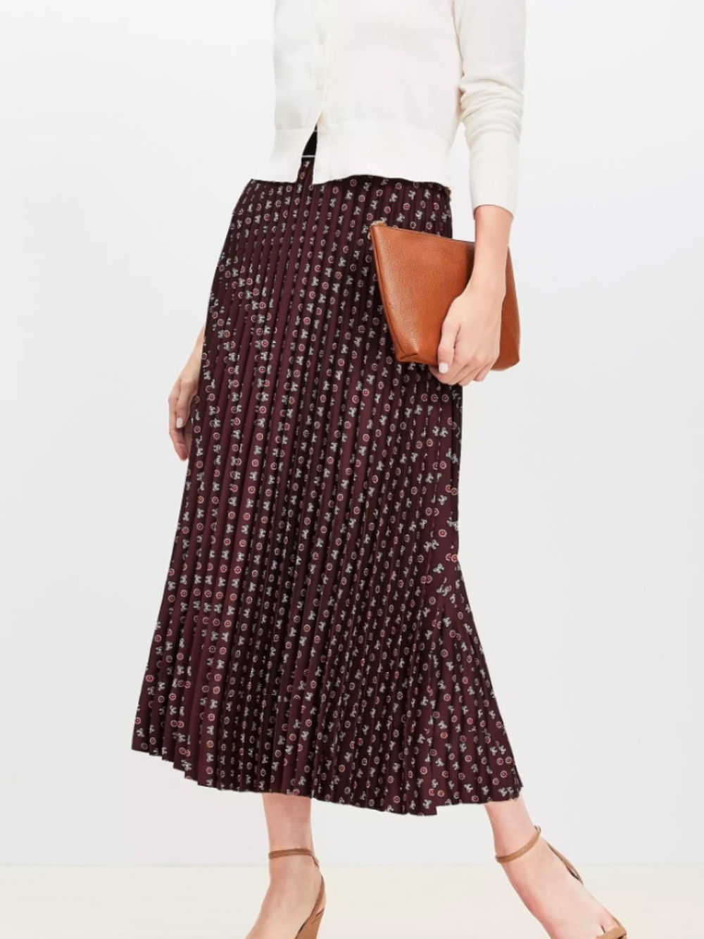 Loft- Bow Pleated Midi Skirt in Plum Raisin